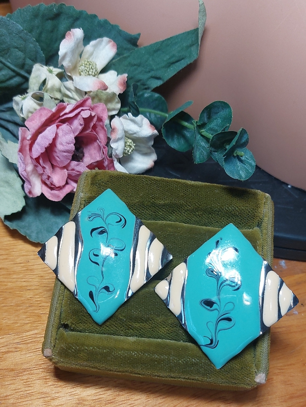 Turquoise Floral Enamel Statement Earrings